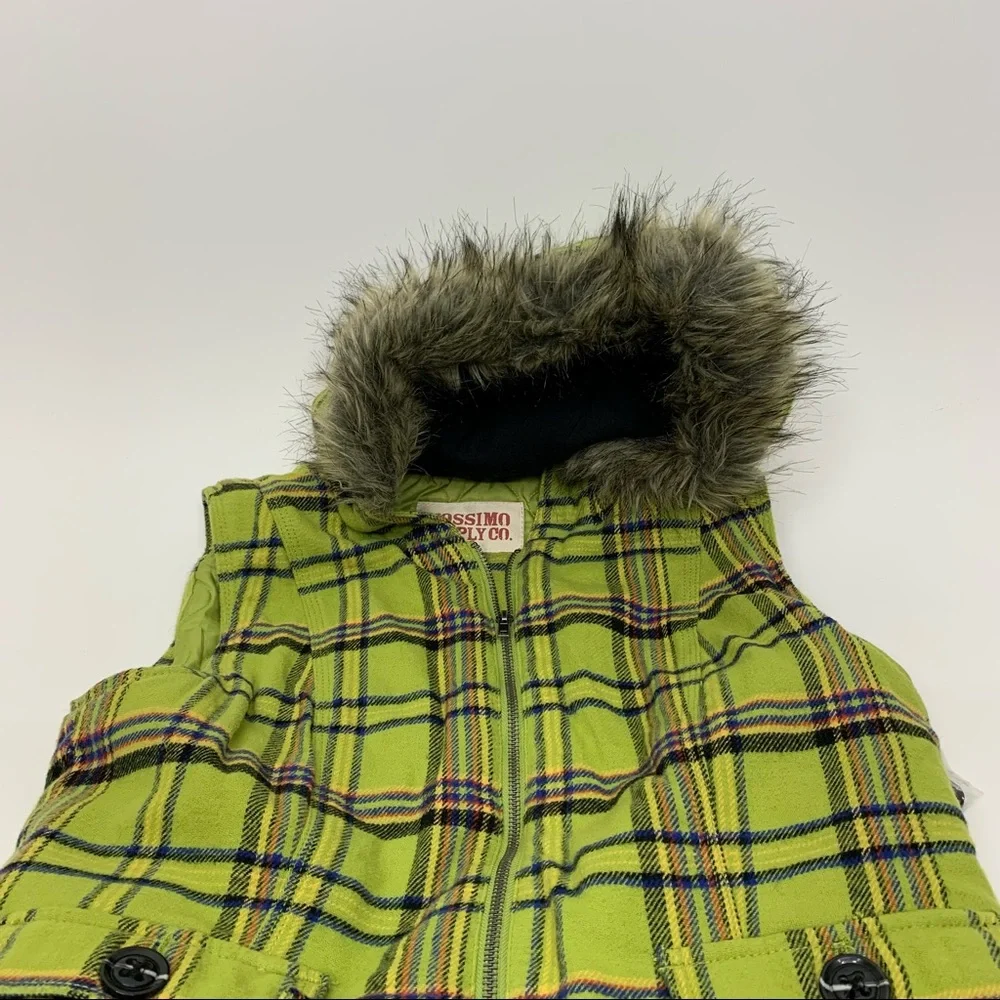 Mossimo Supply Co Retro Lime Green Blue Multi Plaid Full Zip Vest Faux Fur Hood - Picture 3 of 15